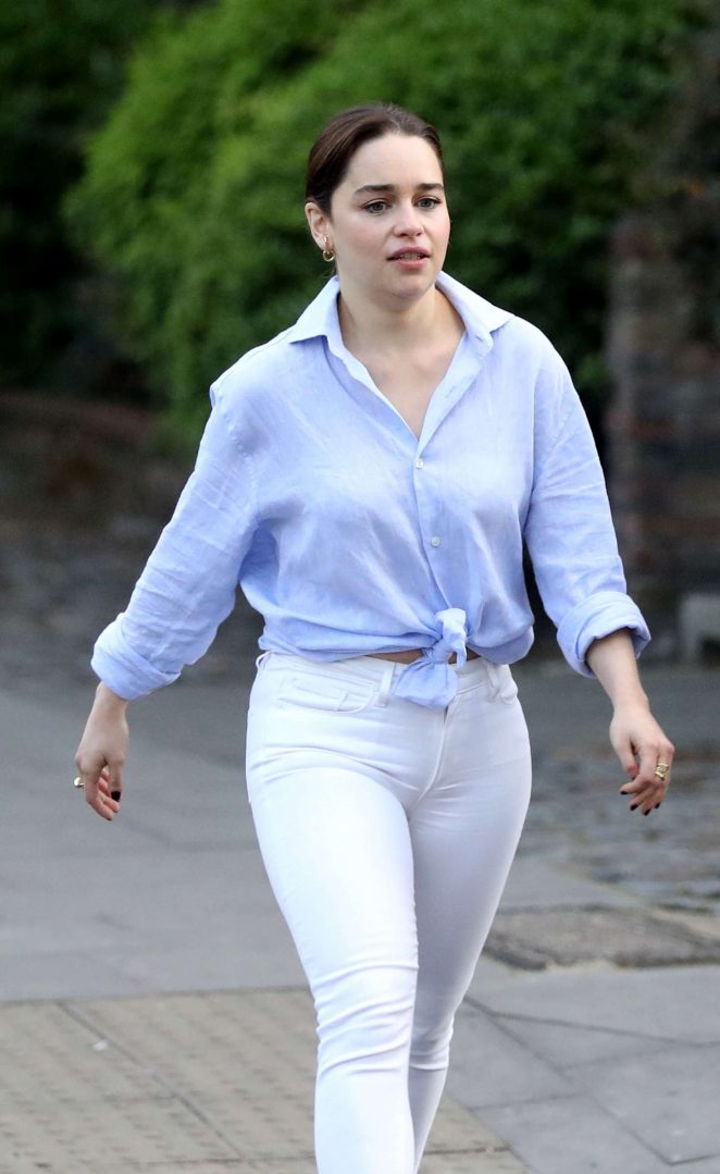 Emilia Clarke in White Jeans out in London